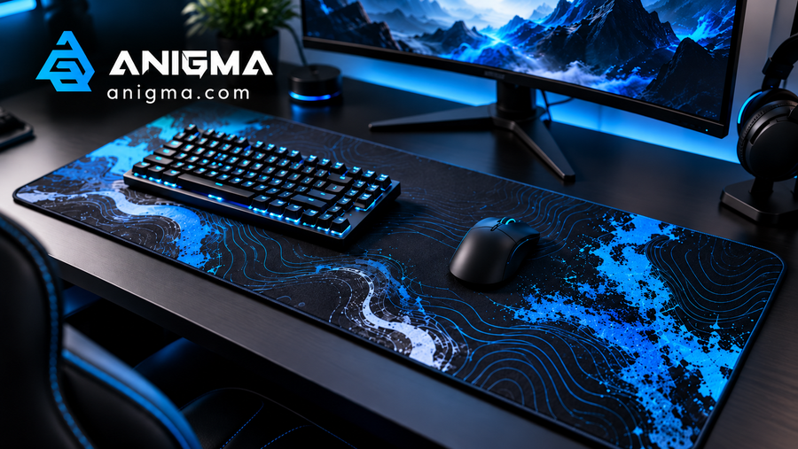 Custom gaming mouse pad setup with keyboard, gaming mouse and Anigma branding in a modern blue gaming desk environment.