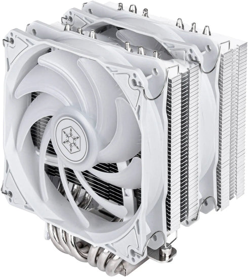 White dual-tower CPU air cooler with two fans and heat pipes, computer cooling hardware