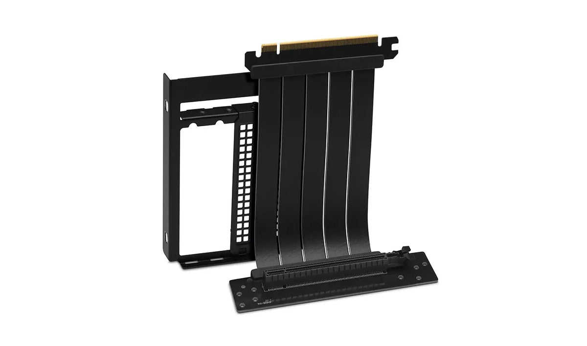 Black PCIe riser cable and bracket for GPU vertical mounting on white background
