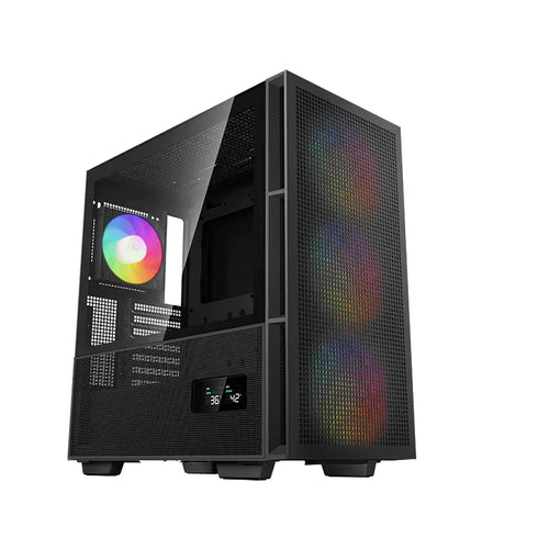 Black mesh gaming PC case with RGB fans and glass side panel, digital temperature display