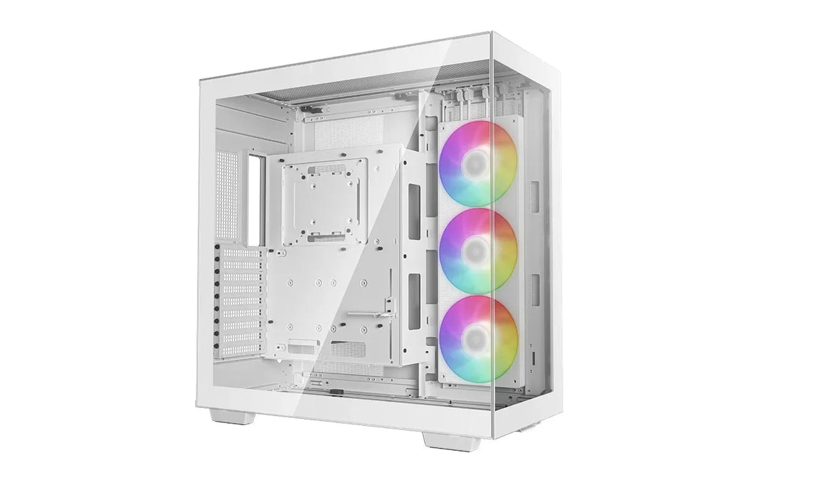 White PC case with glass panel and three RGB fans on the front, empty interior