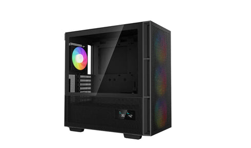 Black mid-tower PC case with tempered glass panel, RGB fans, and digital temperature display.