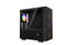 Black mid-tower PC case with tempered glass panel, RGB fans, and digital temperature display.