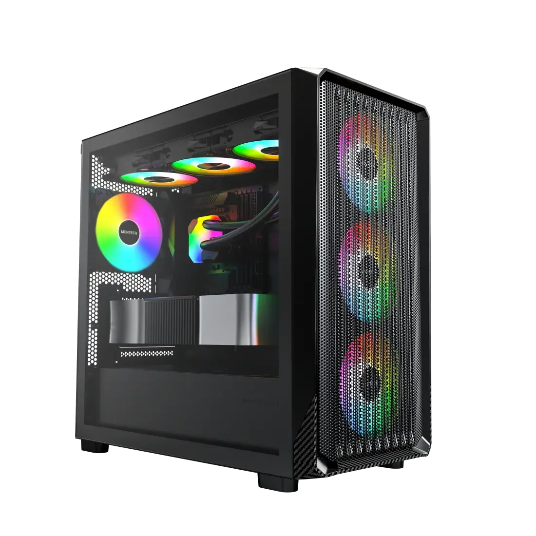 MONTECH X5M - Micro ATX Gaming PC Case, High Airflow, 4x120mm ARGB Fans Pre-Installed, Glass Side Panel, Carbon Fiber Print Accents, Black