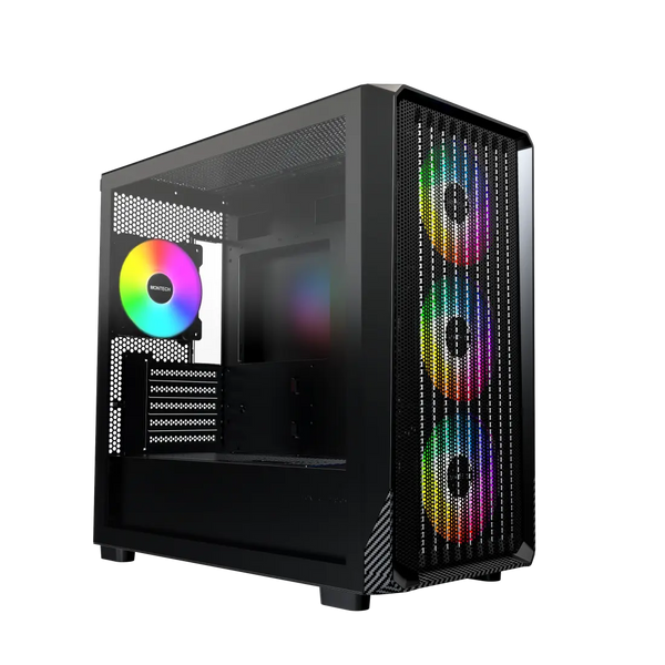 MONTECH X5M - Micro ATX Gaming PC Case, High Airflow, 4x120mm ARGB Fans Pre-Installed, Glass Side Panel, Carbon Fiber Print Accents, Black