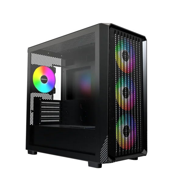 MONTECH X5M - Micro ATX Gaming PC Case, High Airflow, 4x120mm ARGB Fans Pre-Installed, Glass Side Panel, Carbon Fiber Print Accents, Black