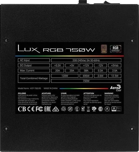 AeroCool LUX RGB 750W, 80Plus 230V EU Bronze up to 88%+ efficiency, Addressable RGB, Black