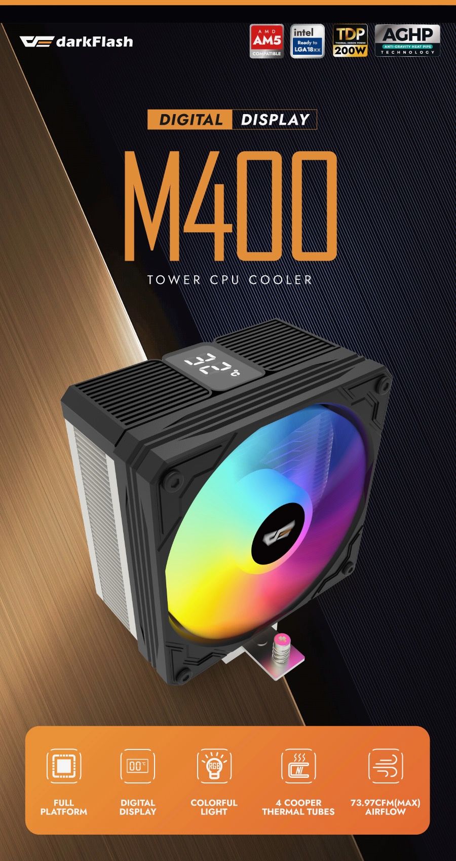 darkFlash M400 Digital Display Tower CPU Cooler - Front View
