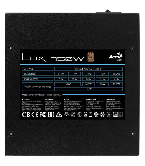 Aerocool LUX 750W 80 Plus Bronze Full Modular ATX Power Supply - Anigma