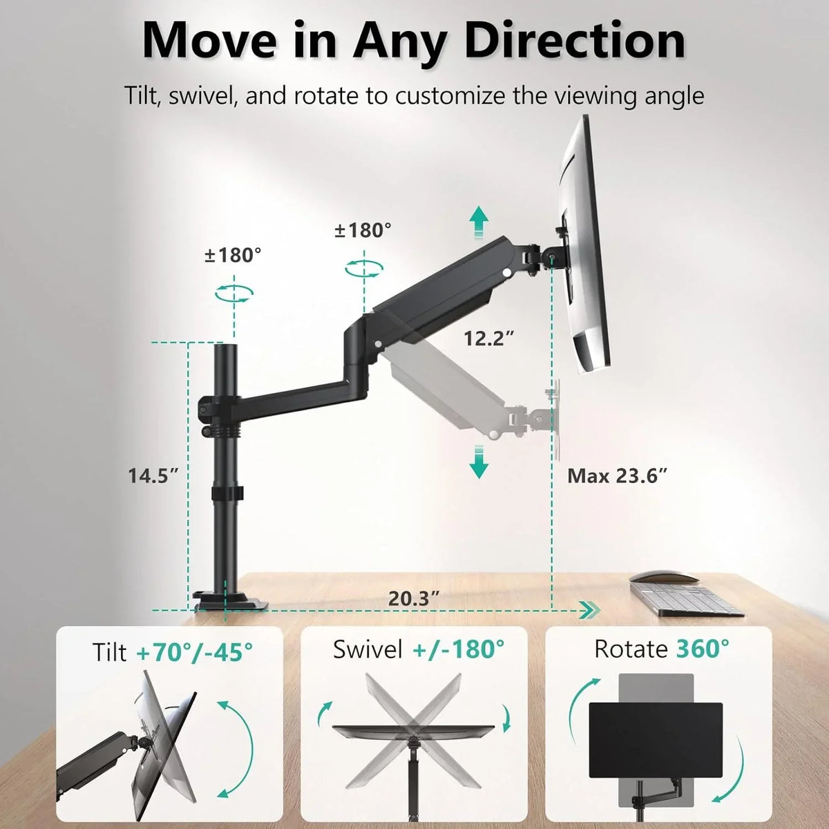 WALI Single Monitor Arm 13-32 Inch, Single Monitor Mount, Vesa Desk Mount up to 19.8lbs Gas Spring Arm with Clamp, VESA 75x75mm or 100x100mm Compatibility(GSDM001), Black