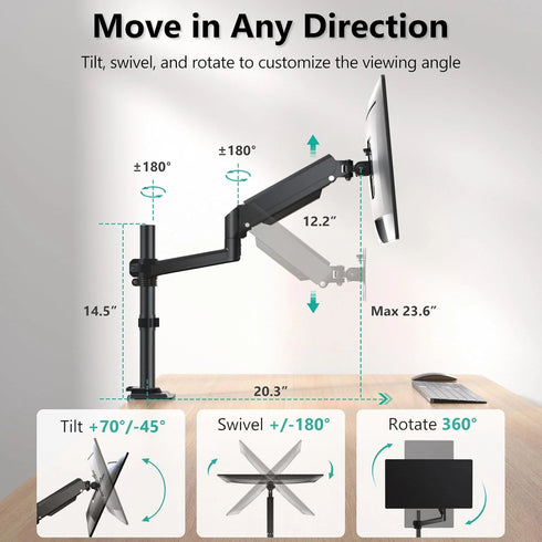 WALI Single Monitor Arm 13-32 Inch, Single Monitor Mount, Vesa Desk Mount up to 19.8lbs Gas Spring Arm with Clamp, VESA 75x75mm or 100x100mm Compatibility(GSDM001), Black