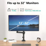 WALI Single Monitor Arm 13-32 Inch, Single Monitor Mount, Vesa Desk Mount up to 19.8lbs Gas Spring Arm with Clamp, VESA 75x75mm or 100x100mm Compatibility(GSDM001), Black