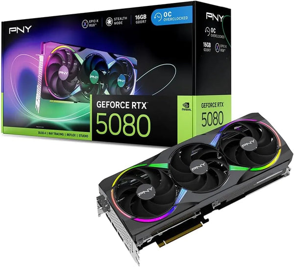 PNY NVIDIA GeForce RTX™ 5080 Epic-X™ ARGB OC Triple Fan, Graphics Card (16GB GDDR7, 256-bit, Boost Speed: 2775 MHz, PCIe® 5.0)