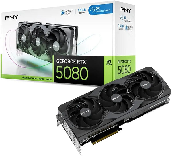 PNY NVIDIA GeForce RTX™ 5080 OC Triple Fan, Graphics Card (16GB GDDR7, 256-bit, Boost Speed: 2730 MHz, PCIe® 5.0)