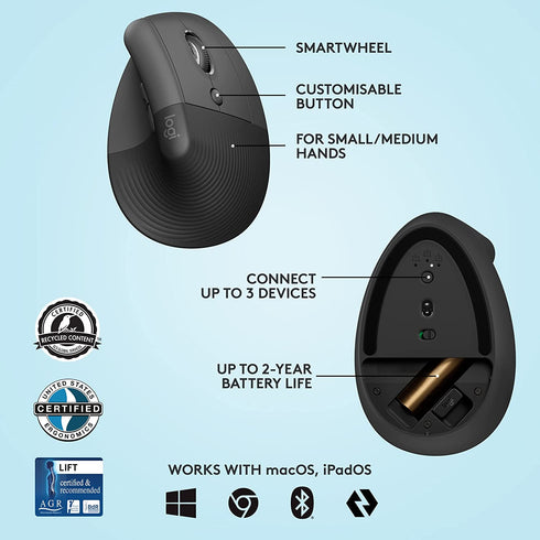 Logitech Lift Vertical Ergonomic Mouse Graphite