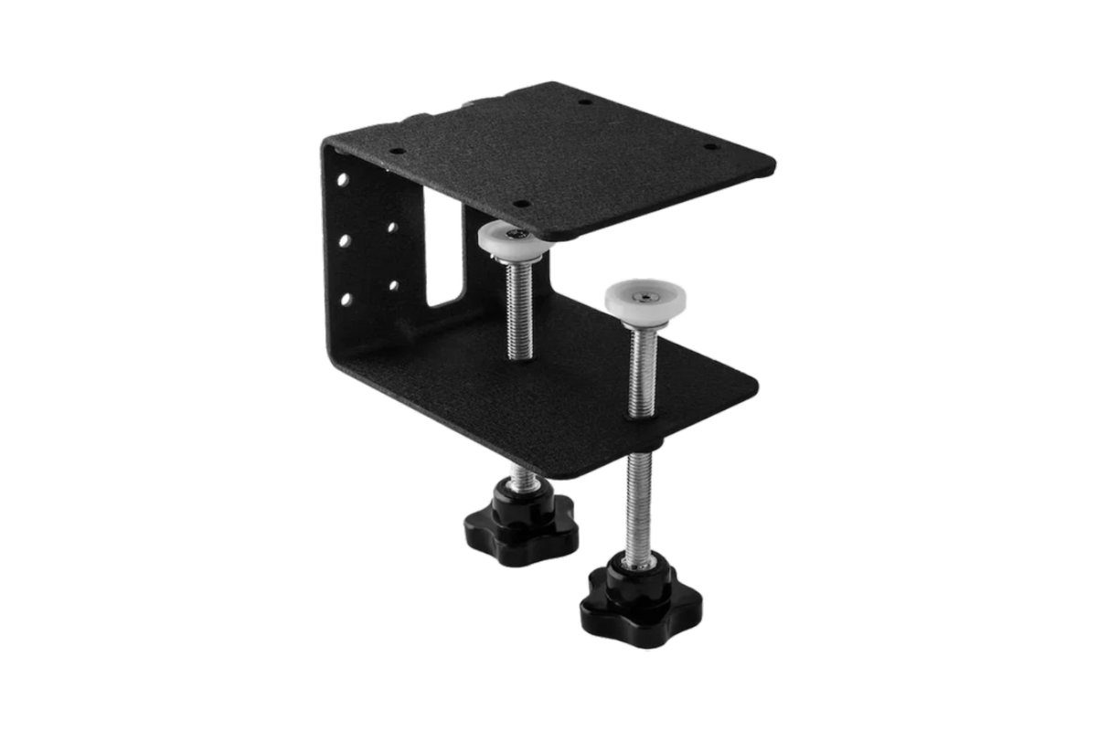 A black metal bracket with two adjustable silver screws and black thumbscrews, isolated on a white background.