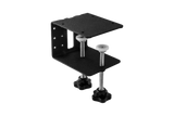 A black metal bracket with two adjustable silver screws and black thumbscrews, isolated on a white background.