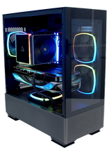 Glossy black computer case with RGB lighting on a white background
