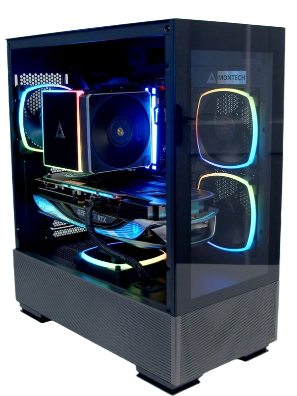 Glossy black computer case with RGB lighting on a white background