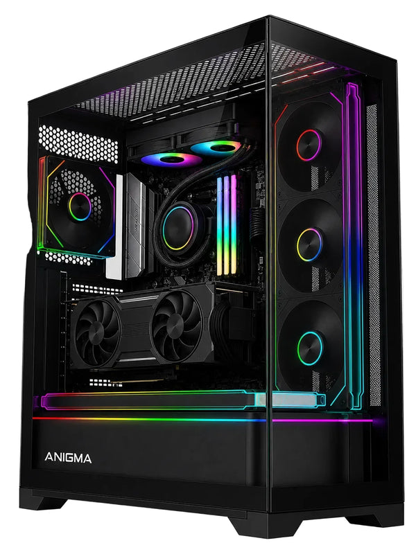 A black ANIGMA desktop PC tower with a transparent side panel, showcasing a highly customized RGB-lit interior with multiple fans, a dual GPU setup, and a liquid CPU cooler, set against a transparent background.
