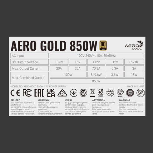 Aerocool Power Supply AERO Gold 850W FM 100-240VAC APFC UK