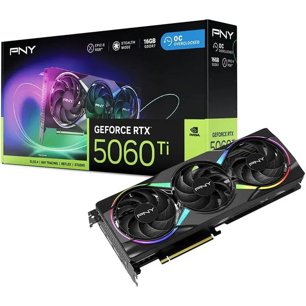 PNY NVIDIA GeForce RTX™ 5060 Ti Epic-X ARGB OC Triple Fan Graphics Card (16GB GDDR7, 128-Bit, Boost 2692MHz, PCIe 5.0)