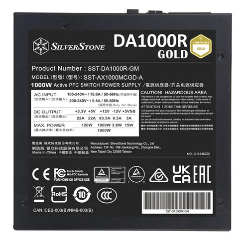 Silverstone DA1000R Cybenetics Gold PCIE 5.0 Full Modular ATX Power Supply - Anigma