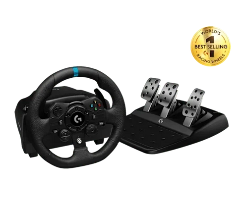 Logitech G923 Racing Wheel and Pedals, TRUEFORCE Feedback, Responsive Driving Design, Dual Clutch Launch Control, Genuine Leather Steering Wheel Cover