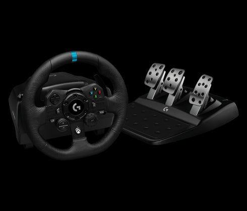 Logitech G923 Racing Wheel and Pedals, TRUEFORCE Feedback, Responsive Driving Design, Dual Clutch Launch Control, Genuine Leather Steering Wheel Cover