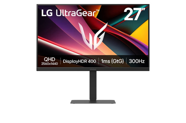 LG 27 Inch LG UltraGear™ G6 QHD Gaming Monitor, 300Hz, 1ms (GtG), HDR 400, G-SYNC, front view, 27G640A-B