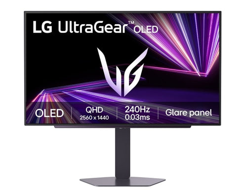 LG 27-inch UltraGear™ Gaming monitor with OLED GX7 240Hz refresh rate, DisplayHDR True black 400, front view with spec, 27GX704A-B