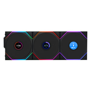 Lian Li UNI FAN TL120 LCD Wireless 120mm Fan Black 3-Pack | 1.6" LCD | 2.4GHz | 1900 RPM | 62 CFM | L-Wireless Controller