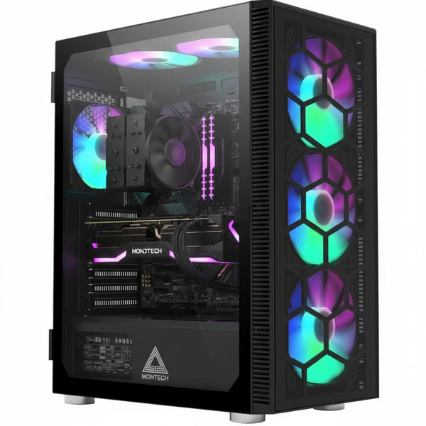 Computer case with RGB lighting on a white background