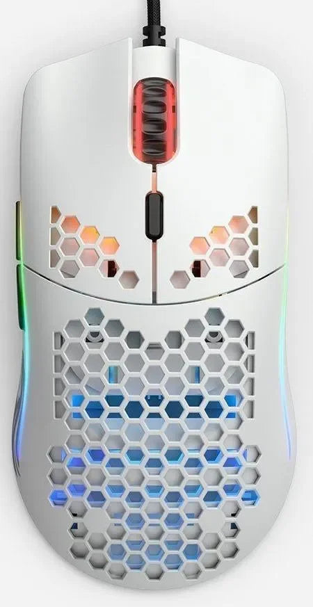 Glorious Model O matte white gaming mouse with honeycomb shell and RGB lighting