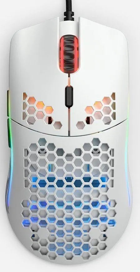 Glorious Model O matte white gaming mouse with honeycomb shell and RGB lighting