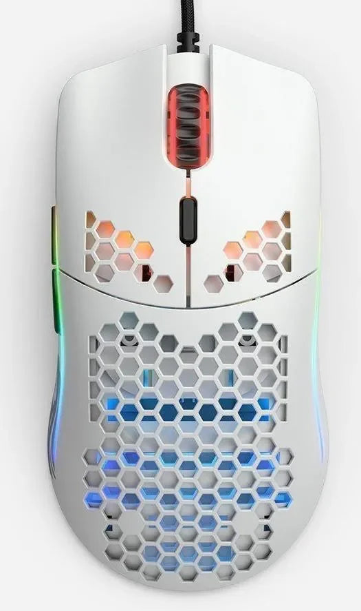 Glorious Model O matte white gaming mouse with honeycomb shell and RGB lighting