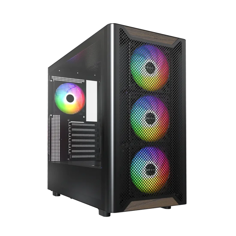 Montech XR Wood Black ATX Mid-Tower PC Case – Genuine Walnut Front, 4x ARGB PWM Fans, Tempered Glass