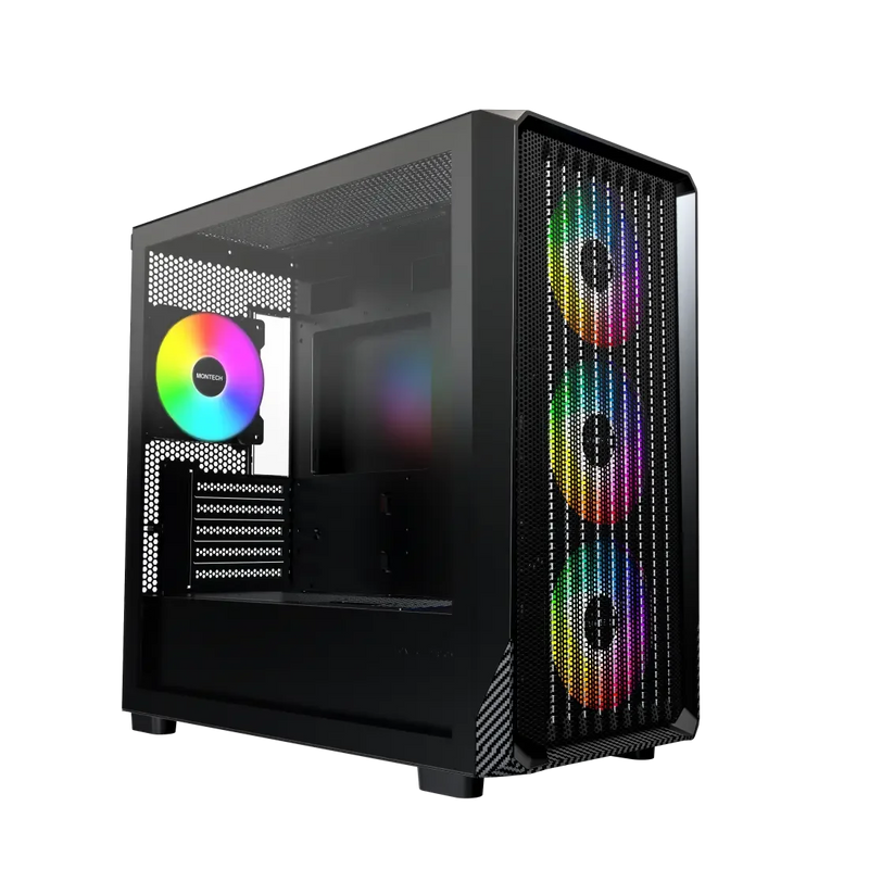 MONTECH X5M - Micro ATX Gaming PC Case, High Airflow, 4x120mm ARGB Fans Pre-Installed, Glass Side Panel, Carbon Fiber Print Accents, Black