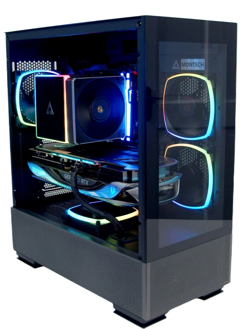 Glossy black computer case with RGB lighting on a white background