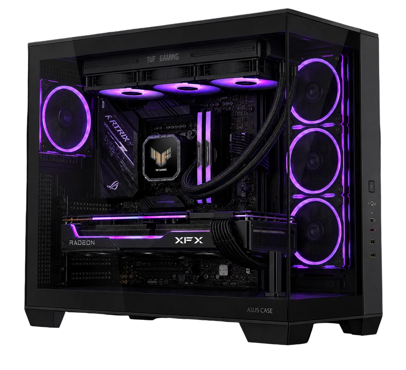 A black TUF Gaming KUSHECASE desktop PC tower with a glass side panel, showcasing a custom liquid CPU cooler and a Radeon XFX graphics card. The PC is illuminated with glowing purple LED fans on the front and side panels, set against a solid black background.